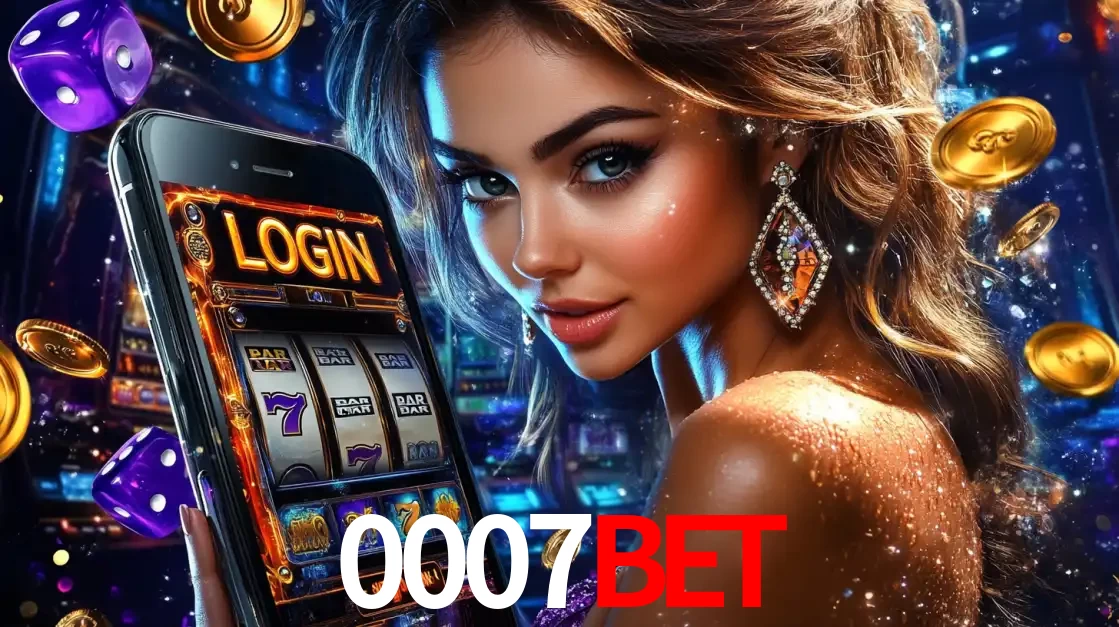 Mulher glamorosa segurando um smartphone com a tela de login para os jogos de caça-níqueis do cassino online 0007BET, com moedas de ouro e dados ao redor.