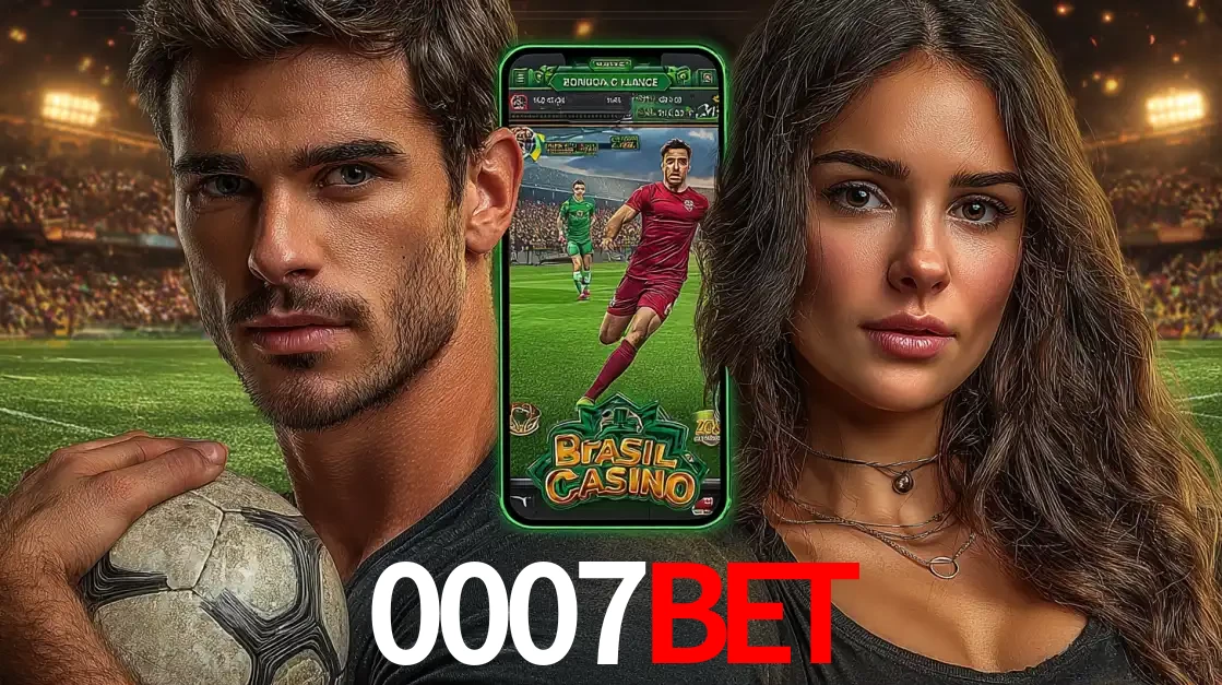 Homem segurando uma bola de futebol e uma mulher ao lado de um smartphone exibindo o jogo de apostas esportivas da 0007BET. Faça seu palpite no cassino online.